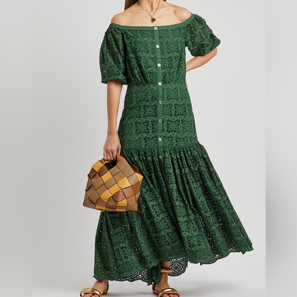 Veronica Beard NEW + TAG ruched Cali off the shoulder eyelet dress gown buttons